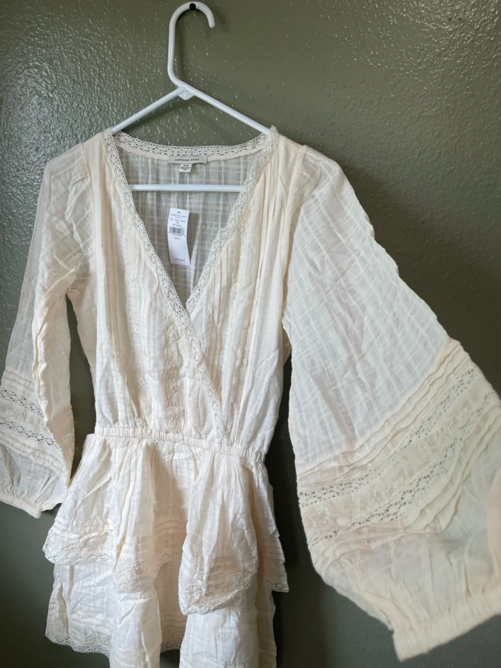 American Eagle Ivory Gauze Lace Trim Wrap Dress - Picture 2 of 5